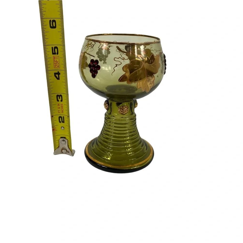 Vintage Germany Gold Olive Green Goblet Etched Encrusted